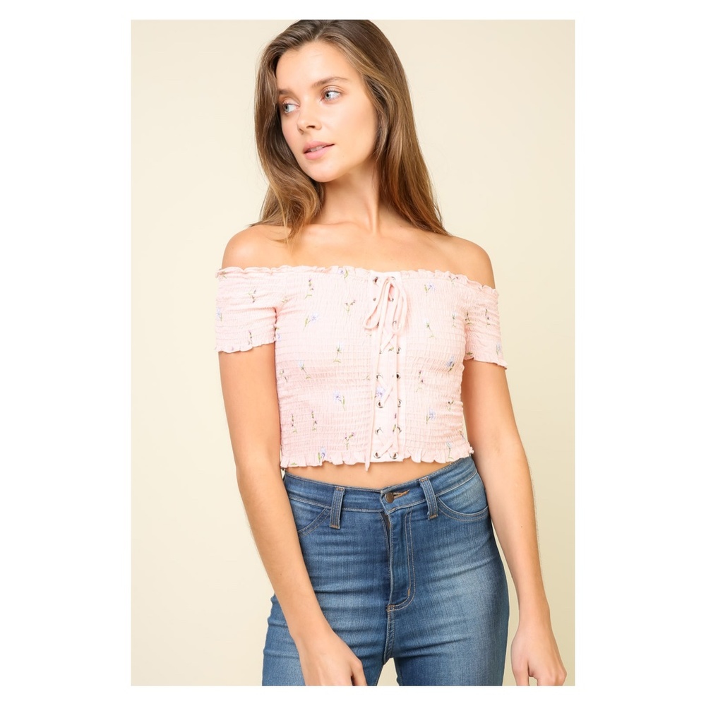 Pink Pastel Off Shoulder Shirred Lace Up Crop Top